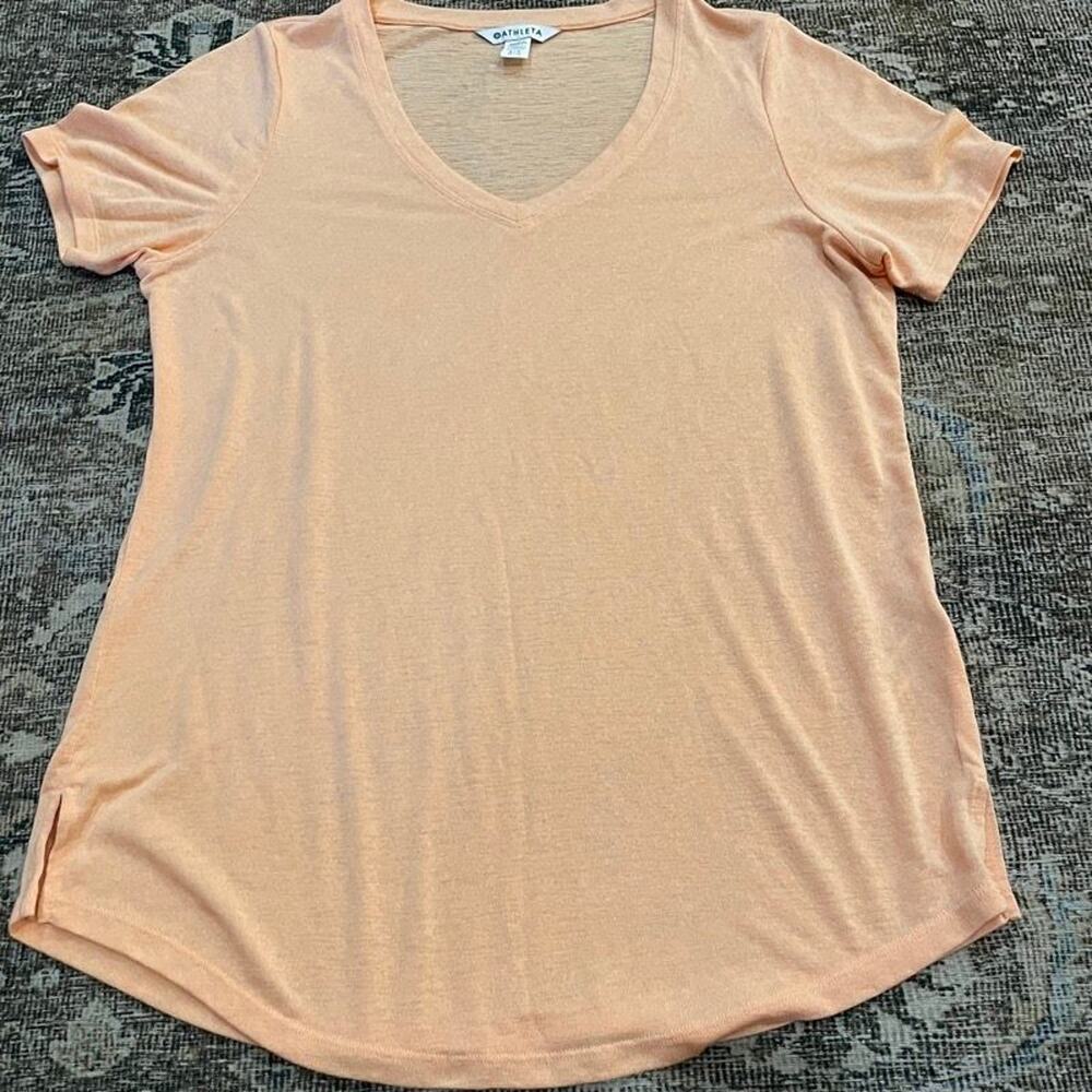 Athleta Womens L Peach V-Neck Tee Short Sleeve Soft Slub Knit T-Shirt Top